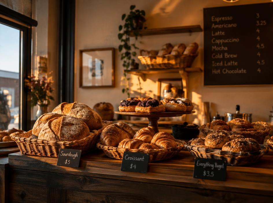 A micro-bakery counter at golden hour with fresh loaves and pastries